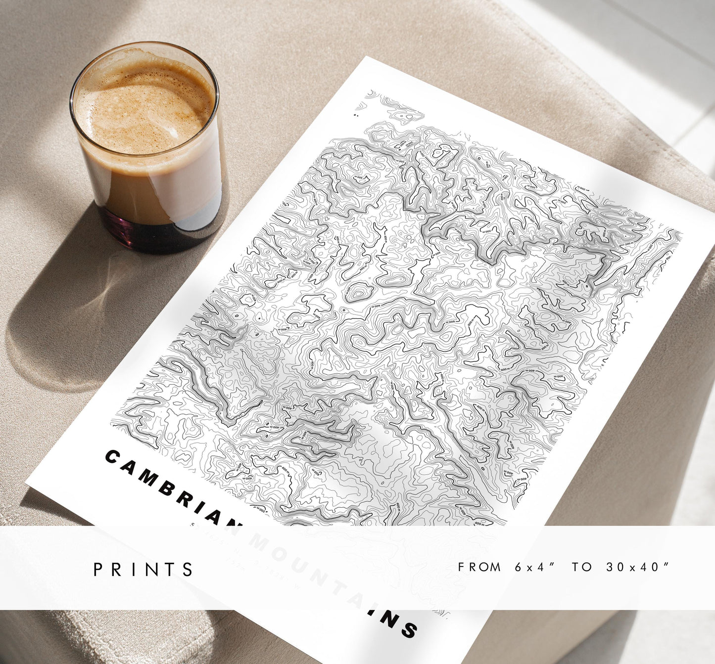 Cambrian Mountains Map Print - Contour Map - Topographic Map - Print - Poster - Mynyddoedd Cambria -Plynlimon - Wales