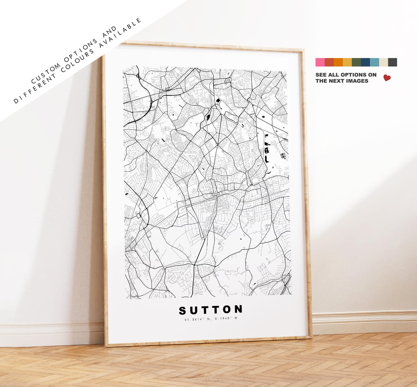 Sutton Map Print - Minimalist City Map Poster - Map Art - UK - Sutton Print - Sutton, London - Different Colours Available