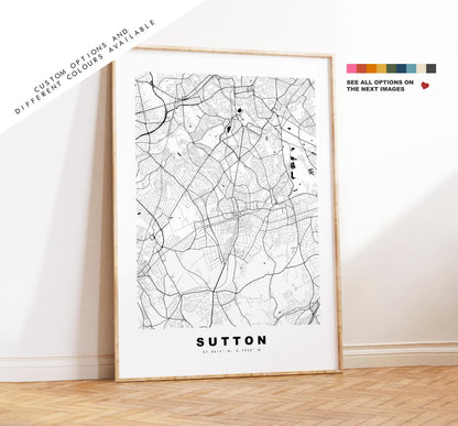 Sutton Map Print - Minimalist City Map Poster - Map Art - UK - Sutton Print - Sutton, London - Different Colours Available