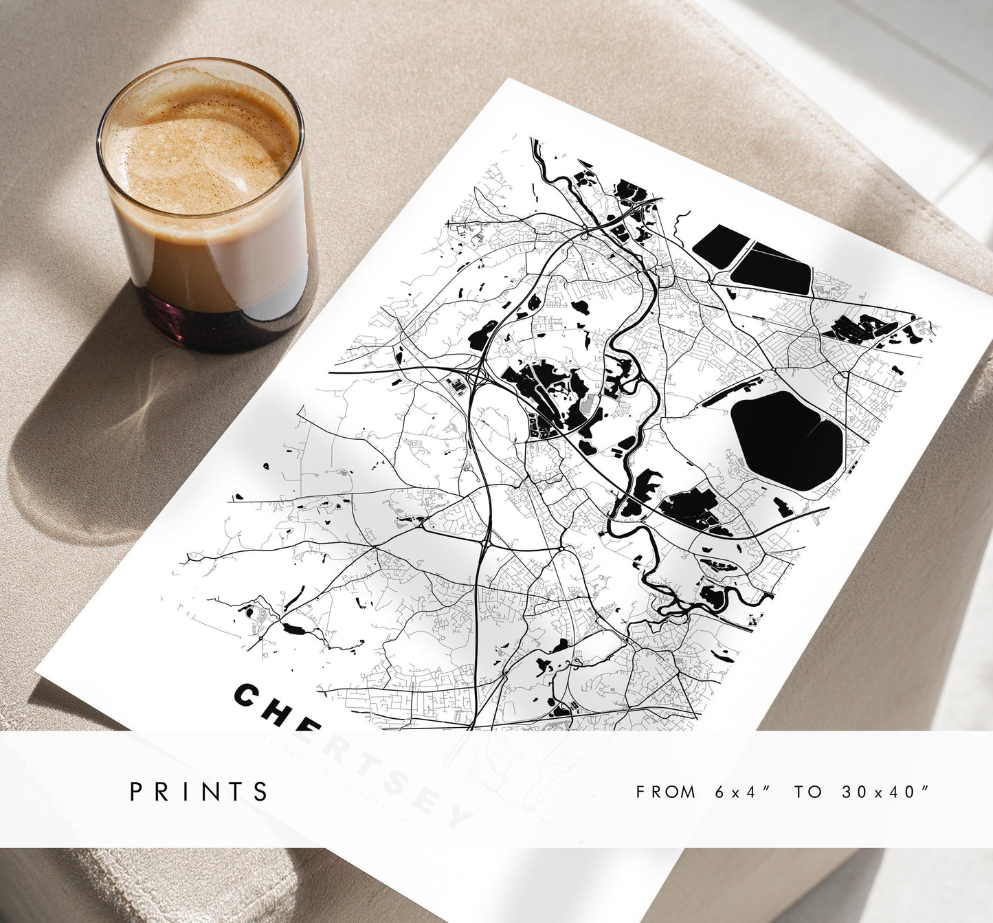 Chertsey Map Print - Minimalist City Map Poster - Map Art - UK - Chertsey Print - Chertsey, Surrey - Different Colours Available