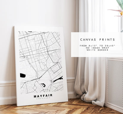 Mayfair Map Print - Minimalist City Map Poster - Map Art - London, UK - Mayfair Print - Mayfair Poster - Different Colours Available