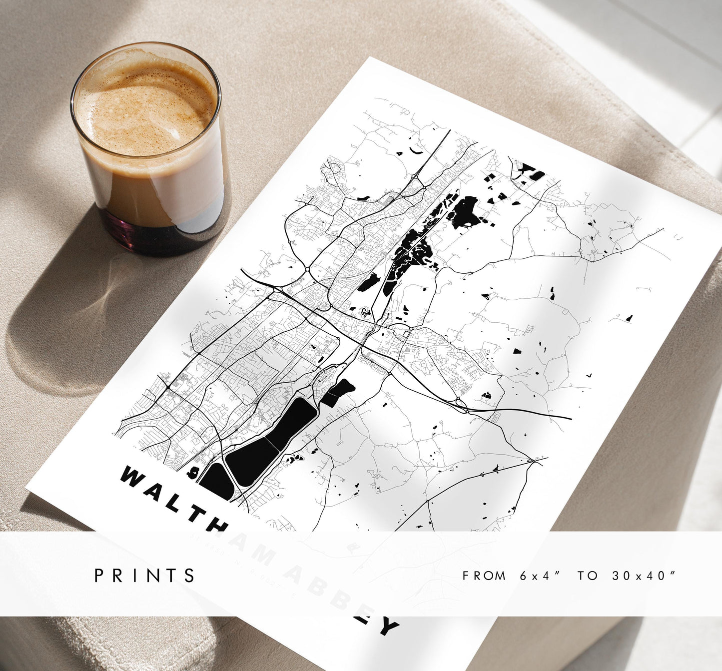 Waltham Abbey Map Print - Minimalist City Map Poster - Map Art - UK - Waltham Abbey Print - Essex - Different Colours Available