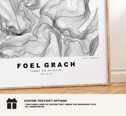 Foel Grach Print - Contour Map - Foel Grach Poster - Wales - Topographic Map - Print - Poster - Wall Art - Welsh 3000s - Carneddau Range