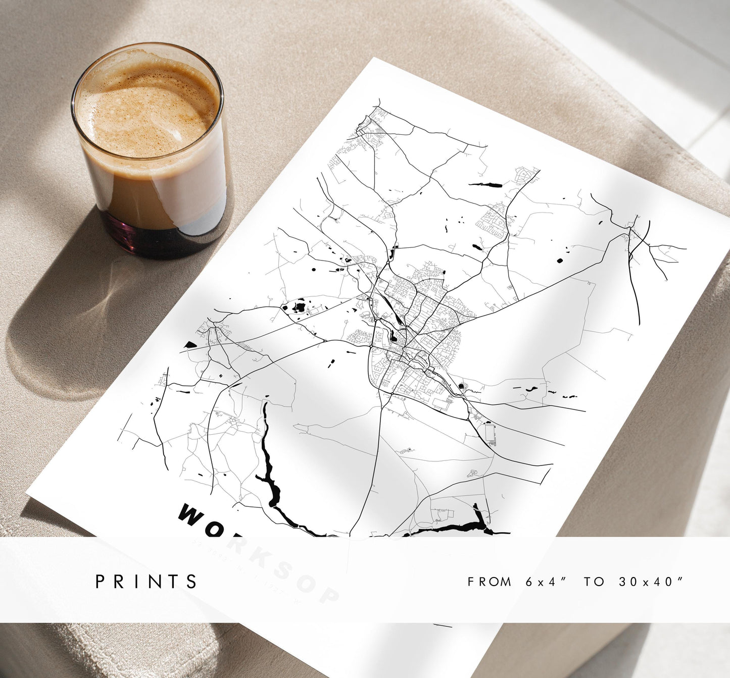 Worksop Map Print - Minimalist City Map Poster - Map Art - UK - Worksop Print - Worksop, Nottinghamshire - Different Colours Available