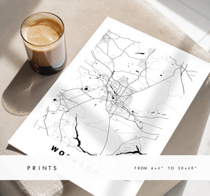 Worksop Map Print - Minimalist City Map Poster - Map Art - UK - Worksop Print - Worksop, Nottinghamshire - Different Colours Available