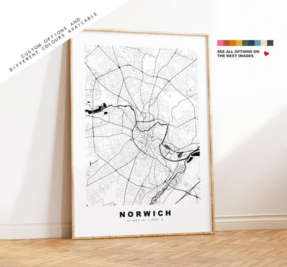 Norwich Map Print - Minimalist City Map Poster - Map Art - UK - Norwich Print - Norwich Poster - Different Colours Available