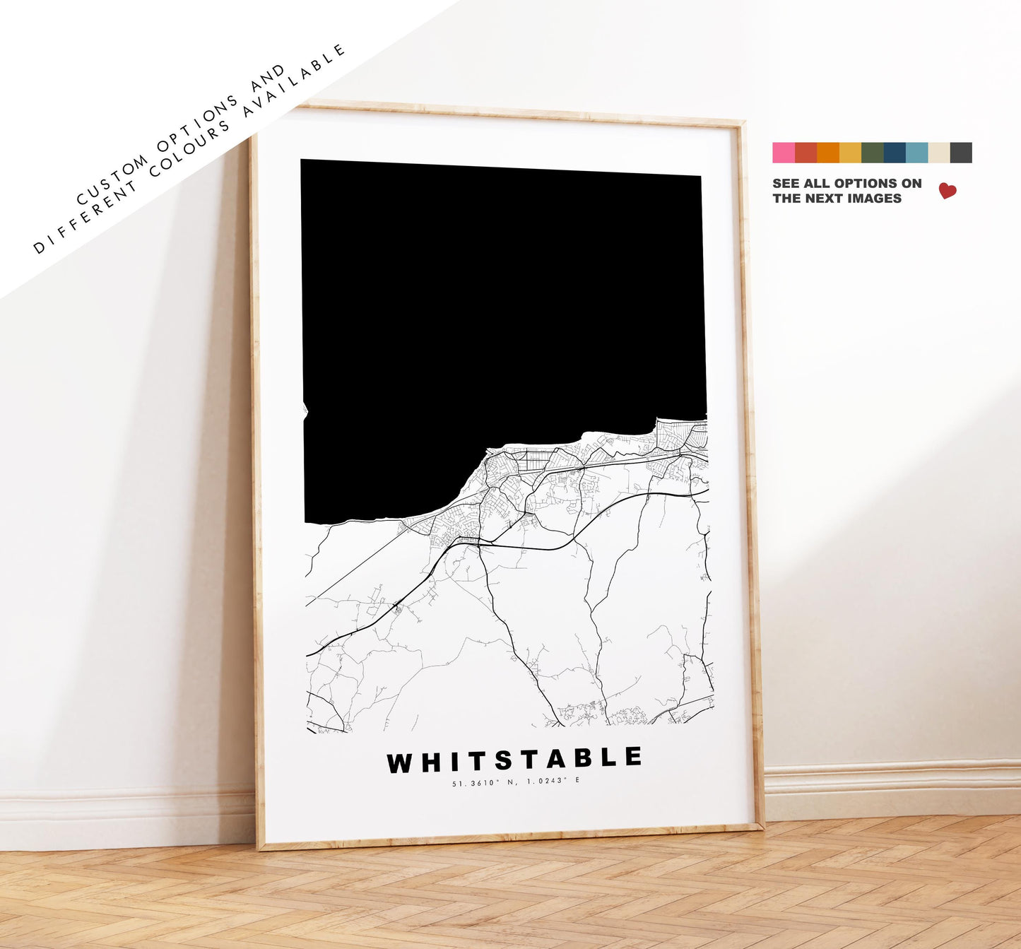 Whitstable Map Print - Minimalist City Map Poster - Map Art - UK - Whitstable Print - Whitstable, Kent - Different Colours Available