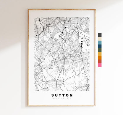 Sutton Map Print - Minimalist City Map Poster - Map Art - UK - Sutton Print - Sutton, London - Different Colours Available