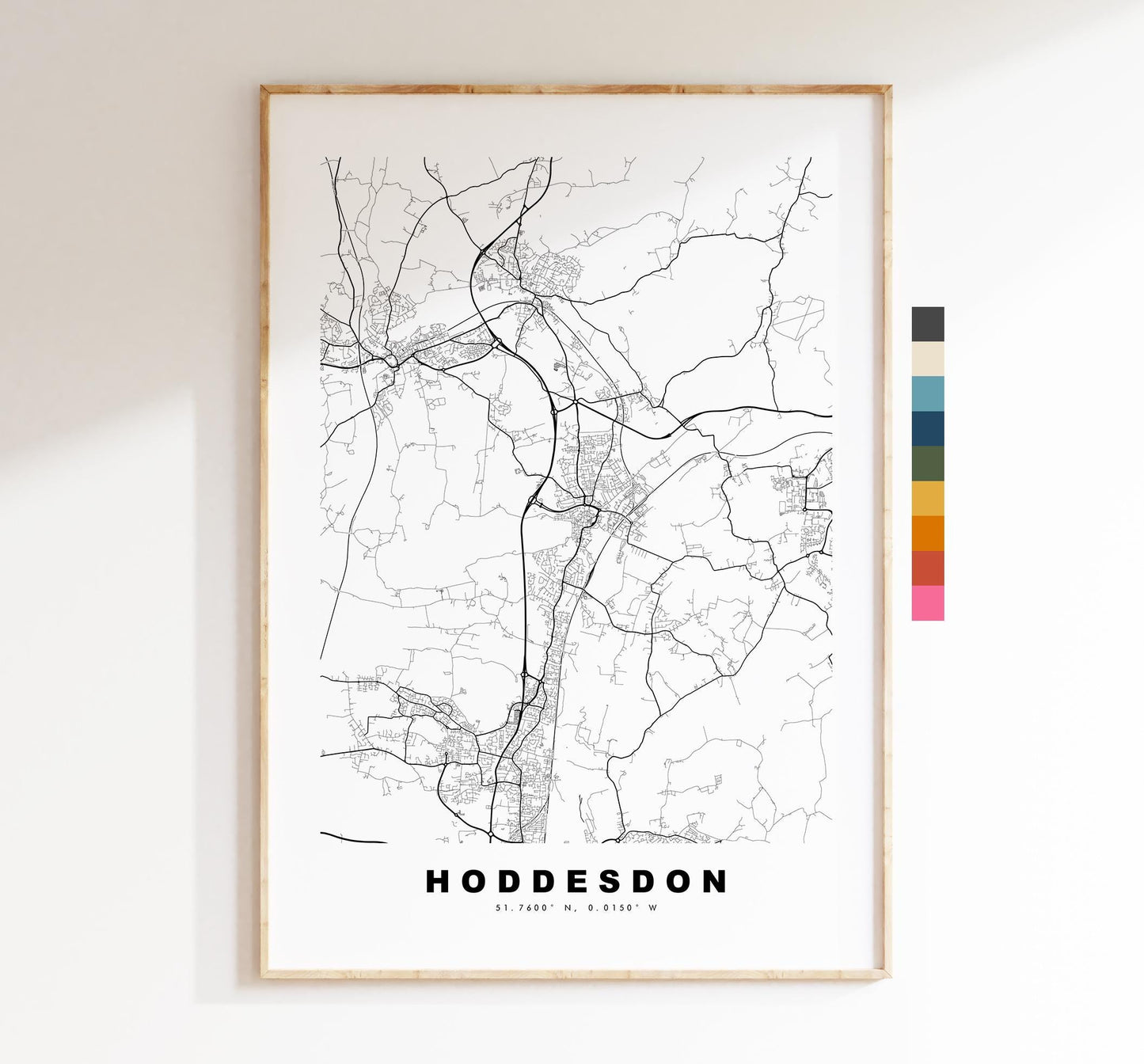 Hoddesdon Map Print - Minimalist City Map Poster - Map Art - UK - Hoddesdon Print - Hoddesdon, Hertfordshire - Different Colours Available