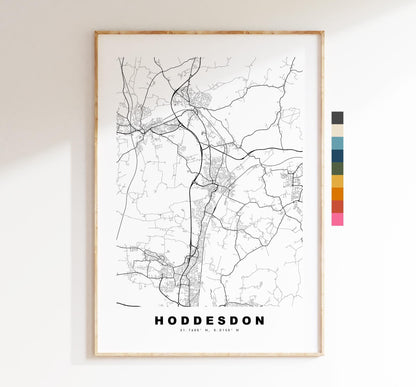 Hoddesdon Map Print - Minimalist City Map Poster - Map Art - UK - Hoddesdon Print - Hoddesdon, Hertfordshire - Different Colours Available