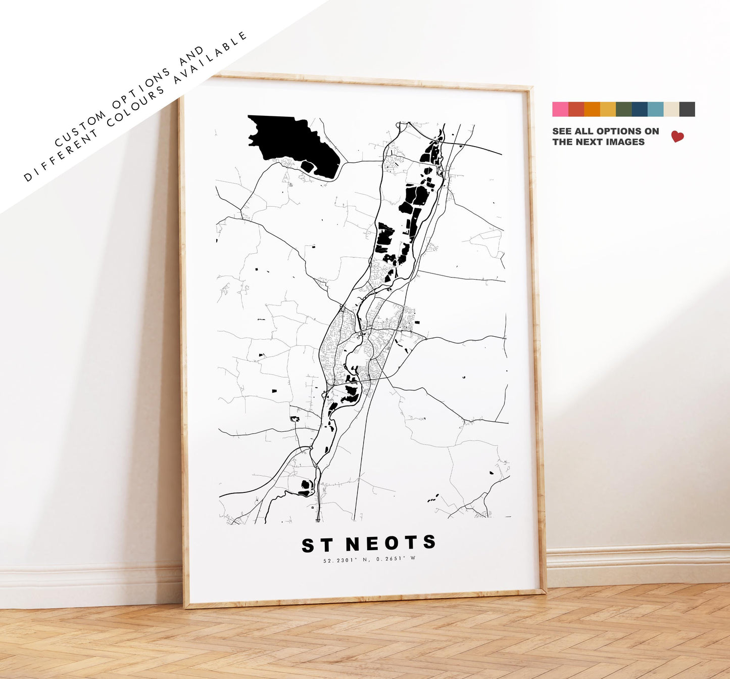 St Neots Map Print - Minimalist City Map Poster - Map Art - UK - St Neots Print - St Neots, Cambridgeshire - Different Colours Available