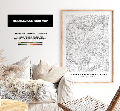 Cambrian Mountains Map Print - Contour Map - Topographic Map - Print - Poster - Mynyddoedd Cambria -Plynlimon - Wales
