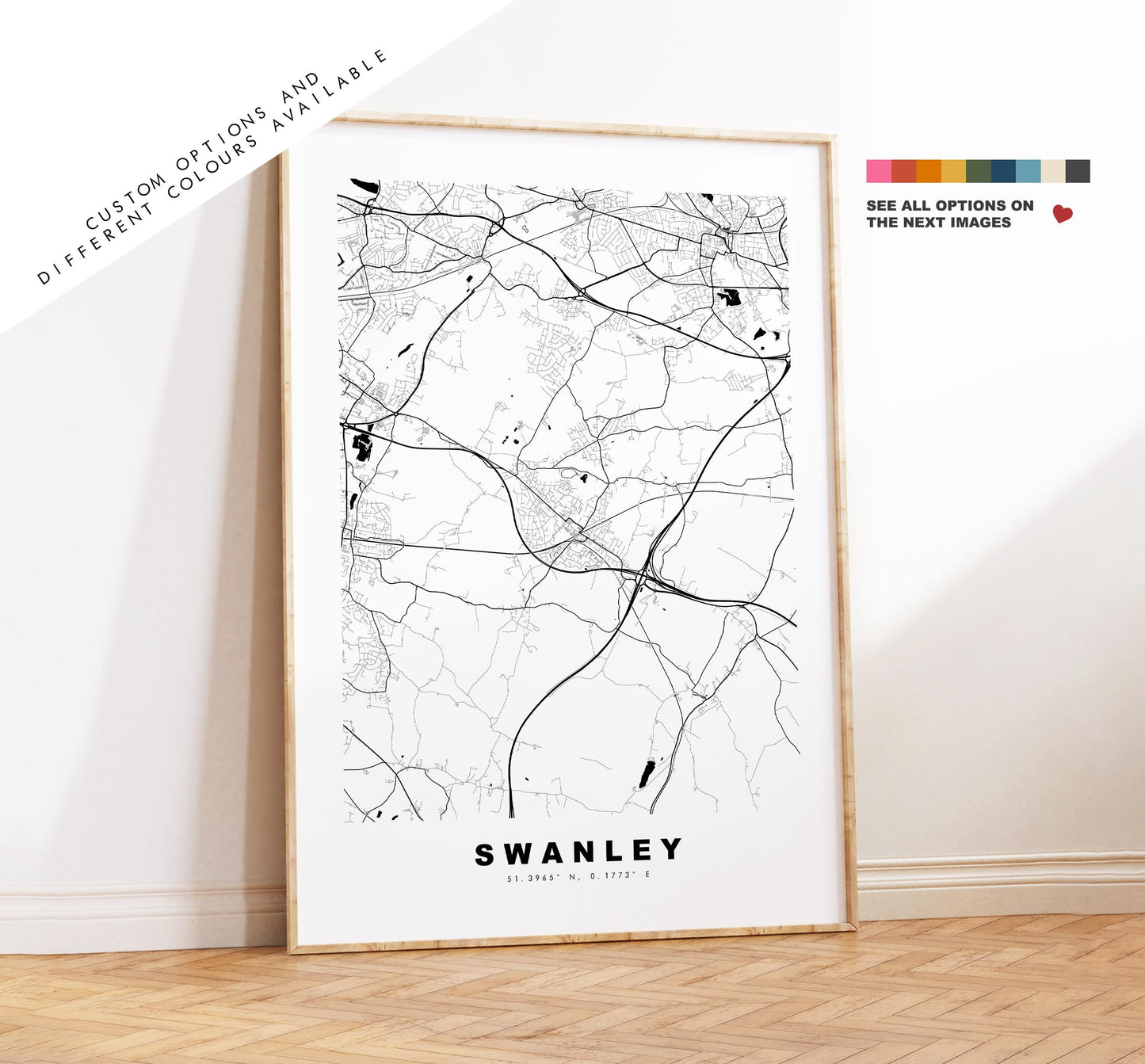 Swanley Map Print - Minimalist City Map Poster - Map Art - UK - Swanley Print - Swanley, Kent - Different Colours Available