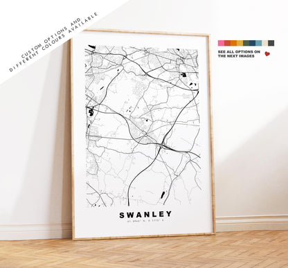 Swanley Map Print - Minimalist City Map Poster - Map Art - UK - Swanley Print - Swanley, Kent - Different Colours Available