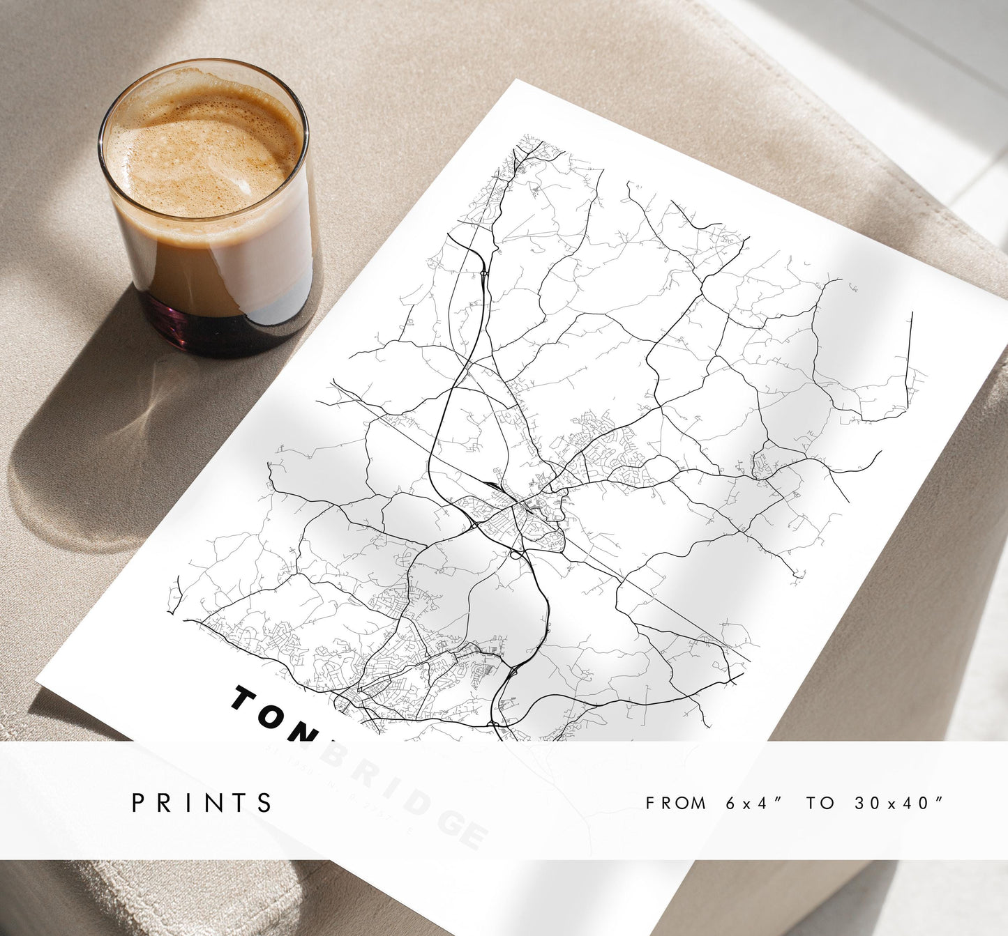 Tonbridge Map Print - Minimalist City Map Poster - Map Art - UK - Tonbridge Print - Tonbridge, Kent - Different Colours Available