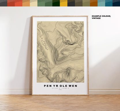 Pen Yr Ole Wen Print - Contour Map - Snowdonia - Wales - Topographic Map - Print - Poster - Wall Art - Pen Yr Ole Wen Poster - Topography