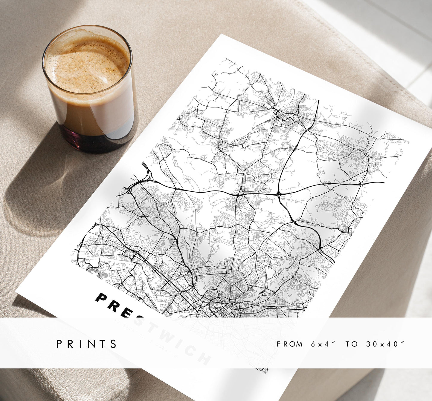 Prestwich Map Print - Minimalist City Map Poster - Map Art - UK - Prestwich Print - Prestwich, Manchester - Different Colours Available