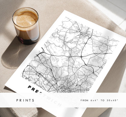 Prestwich Map Print - Minimalist City Map Poster - Map Art - UK - Prestwich Print - Prestwich, Manchester - Different Colours Available