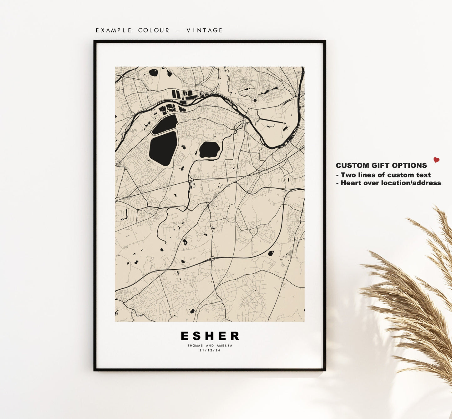 Esher Map Print - Minimalist City Map Poster - Map Art - UK - Esher Print - Esher Poster - Different Colours Available