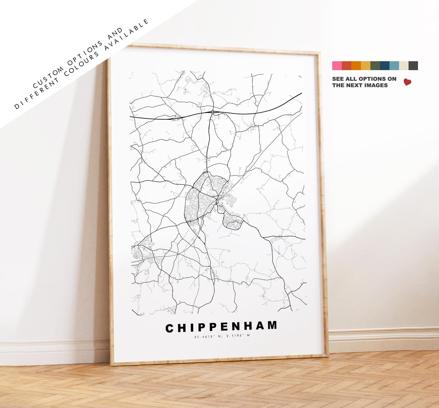 Chippenham Map Print - Minimalist City Map Poster - Map Art - UK - Chippenham Print - Chippenham, Wiltshire - Different Colours Available