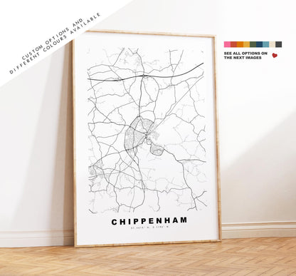 Chippenham Map Print - Minimalist City Map Poster - Map Art - UK - Chippenham Print - Chippenham, Wiltshire - Different Colours Available