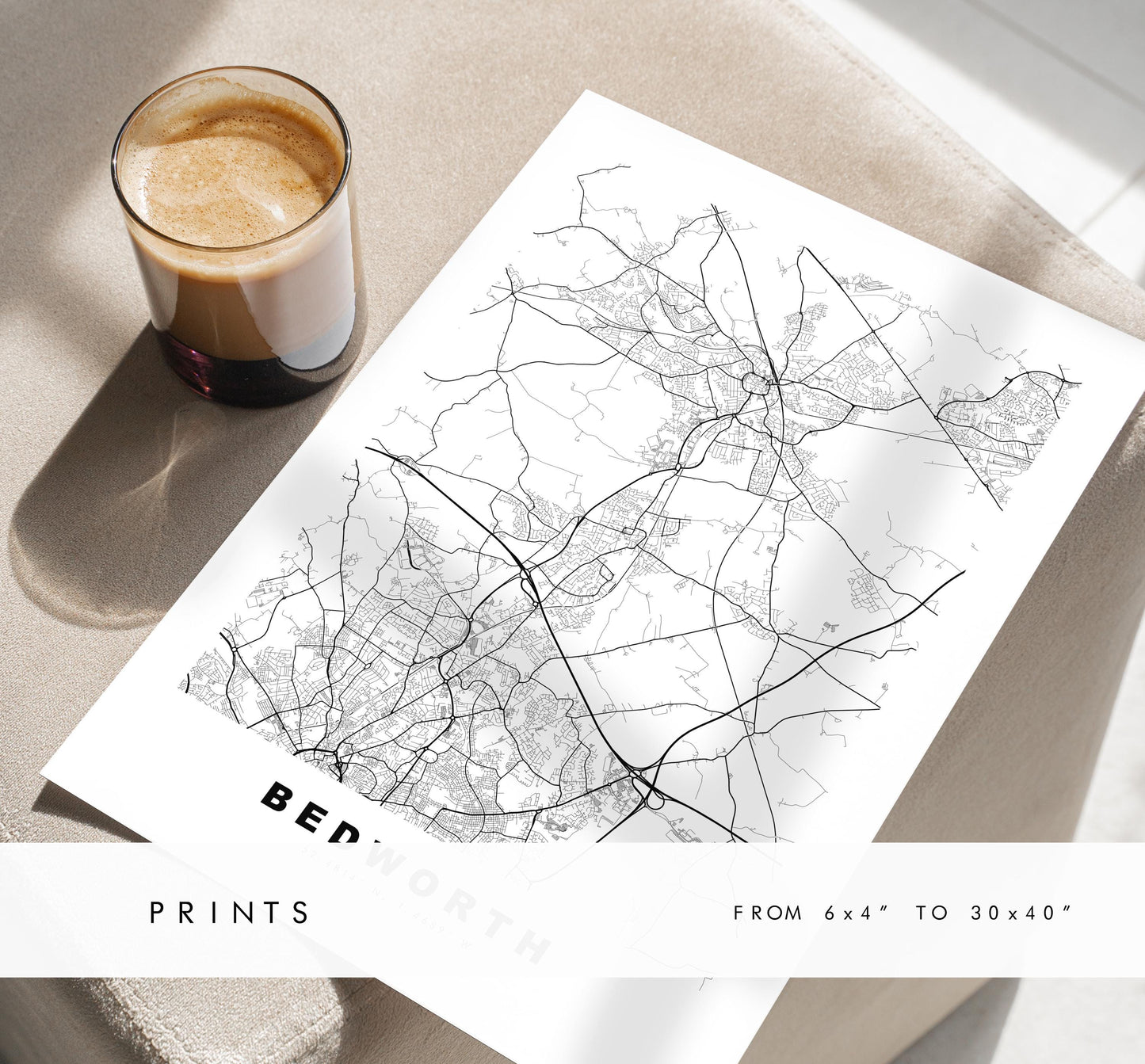 Bedworth Map Print - Minimalist City Map Poster - Map Art - UK - Bedworth Print - Bedworth, Warwickshire - Different Colours Available