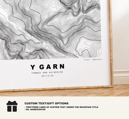 Y Garn Print - Contour Map - Snowdonia - Wales - Topographic Map - Print - Poster - Wall Art - Y Garn Poster - Relief Map - Topography