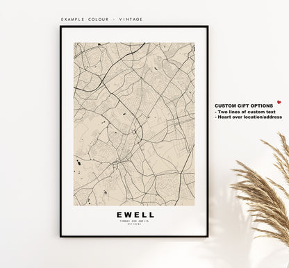 Ewell Map Print - Minimalist City Map Poster - Map Art - UK - Ewell Print - Ewell Poster - Different Colours Available