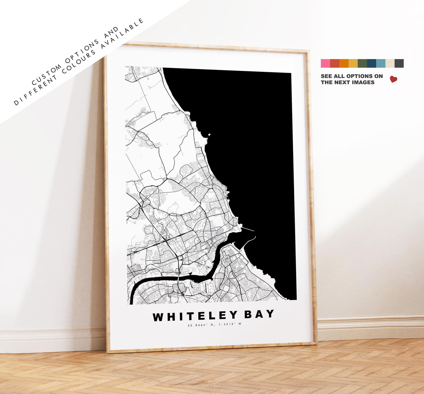 Whiteley Bay Map Print - Minimalist City Map Poster - Map Art - UK - Whiteley Bay Print - Tyne and Wear - Different Colours Available