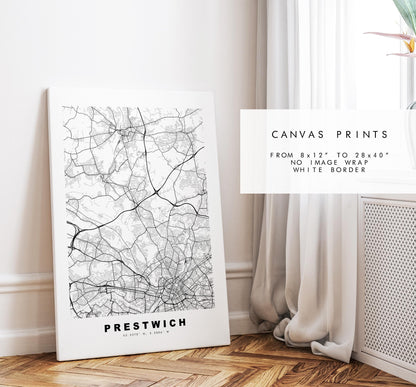 Prestwich Map Print - Minimalist City Map Poster - Map Art - UK - Prestwich Print - Prestwich, Manchester - Different Colours Available