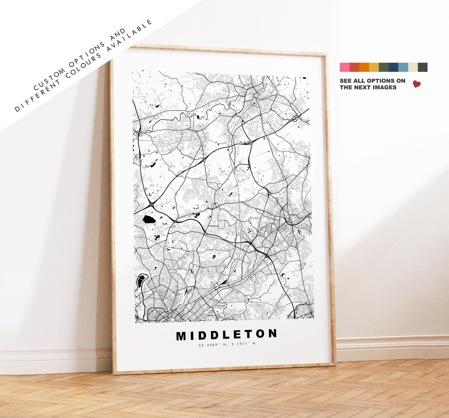 Middleton Map Print - Minimalist City Map Poster - Map Art - UK - Middleton Print - Greater Manchester - Different Colours Available