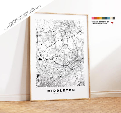 Middleton Map Print - Minimalist City Map Poster - Map Art - UK - Middleton Print - Greater Manchester - Different Colours Available