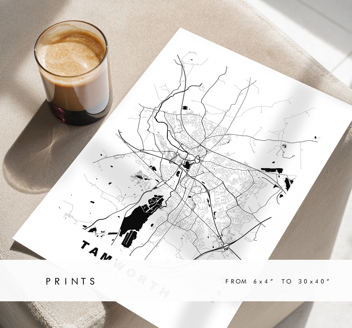 Tamworth Map Print - Minimalist City Map Poster - Map Art - UK - Tamworth Print - Tamworth Poster - Different Colours Available