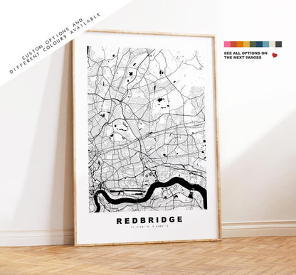 Redbridge Map Print - Minimalist City Map Poster - Map Art - UK - Redbridge Print - Redbridge, London - Different Colours Available
