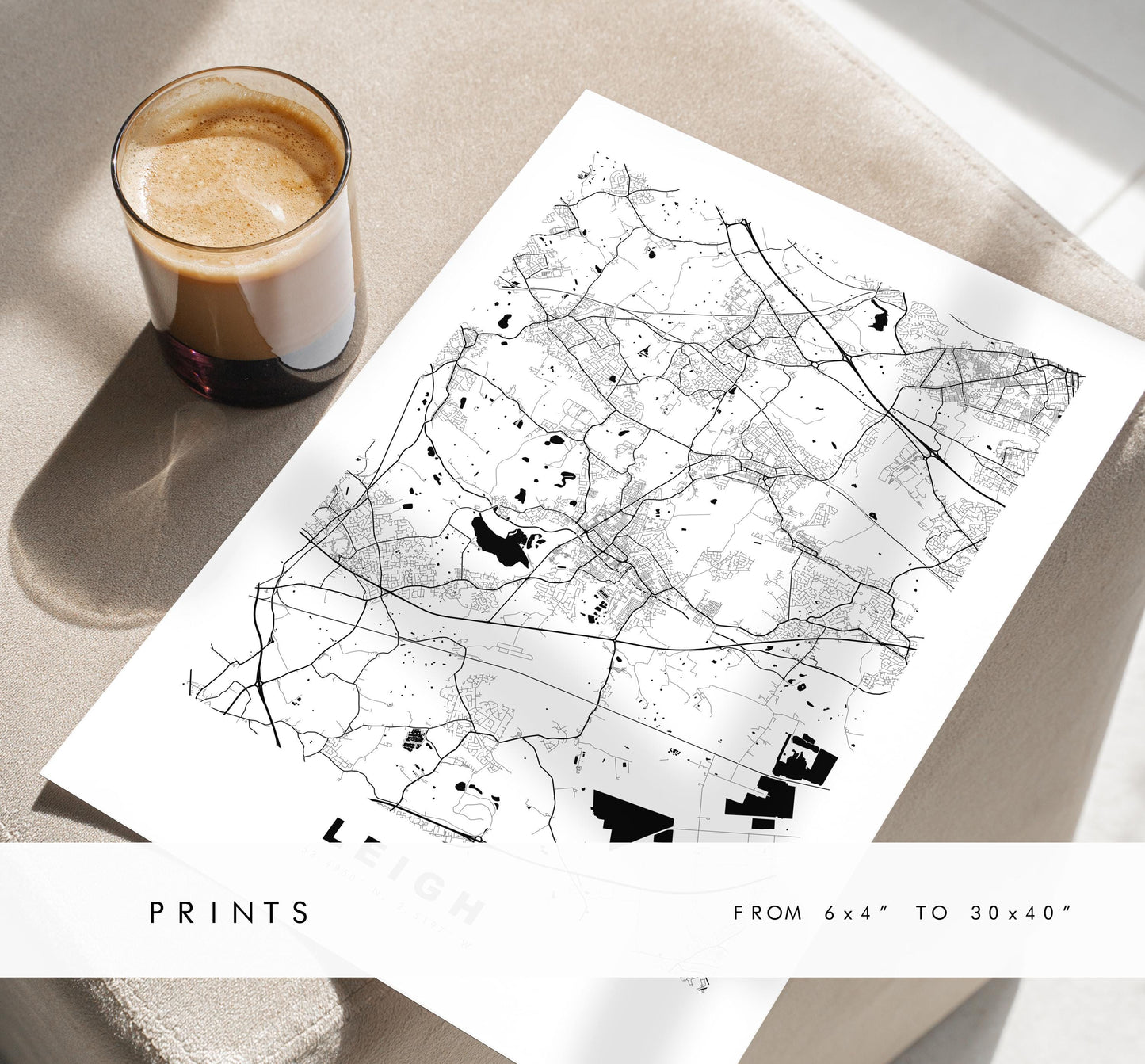 Leigh Map Print - Minimalist City Map Poster - Map Art - UK - Leigh Print - Leigh, Manchester - Different Colours Available