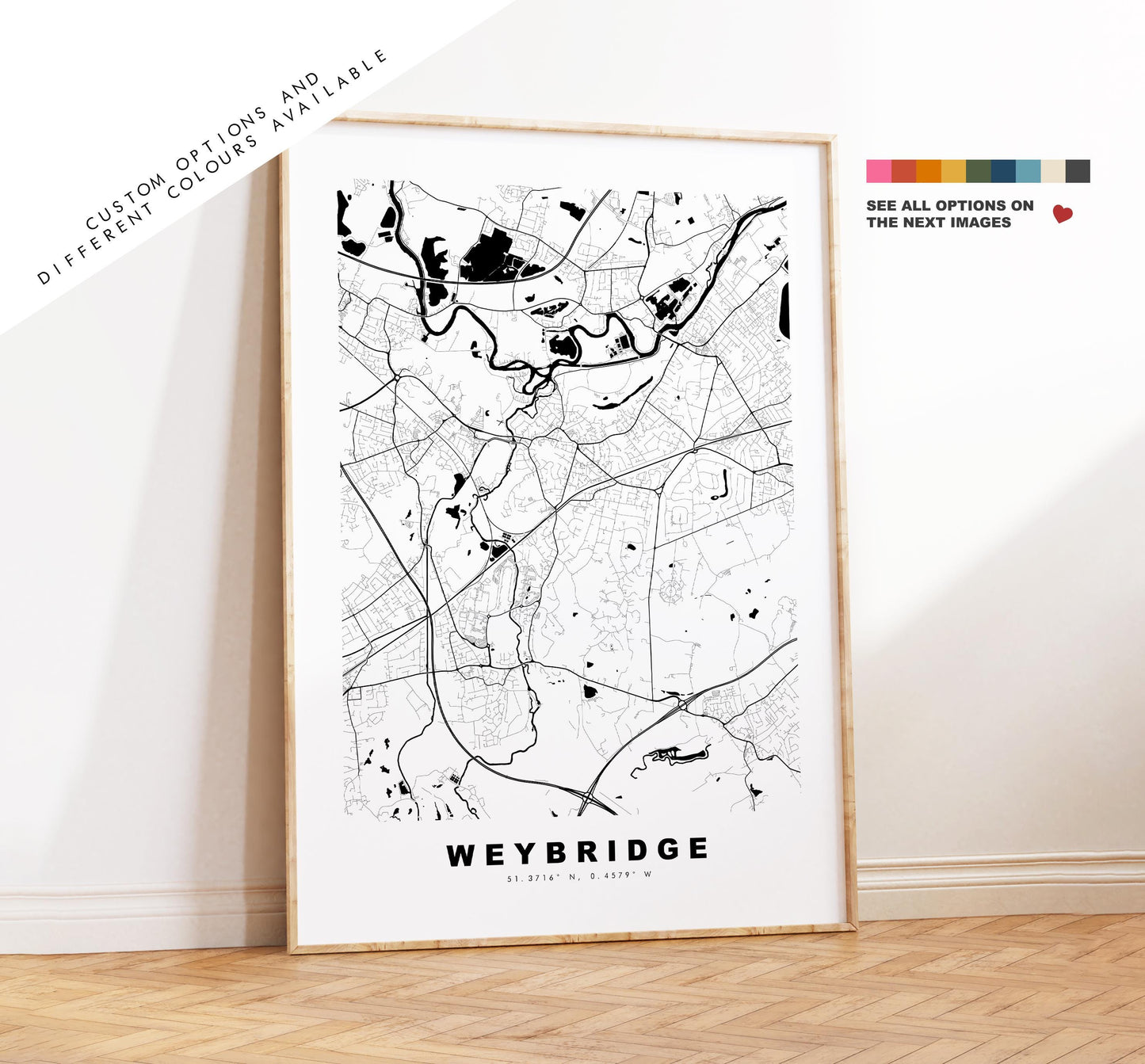 Weybridge Map Print - Minimalist City Map Poster - Map Art - UK - Weybridge Print - Weybridge, Surrey - Different Colours Available