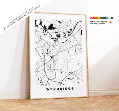 Weybridge Map Print - Minimalist City Map Poster - Map Art - UK - Weybridge Print - Weybridge, Surrey - Different Colours Available