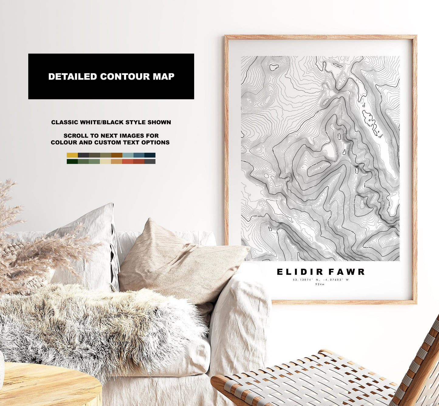 Elidir Fawr Print - Contour Map - Snowdonia - Wales - Topographic Map - Print - Poster - Wall Art - Elidir Fawr Poster - Glyderau Range