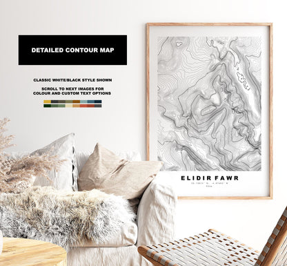 Elidir Fawr Print - Contour Map - Snowdonia - Wales - Topographic Map - Print - Poster - Wall Art - Elidir Fawr Poster - Glyderau Range