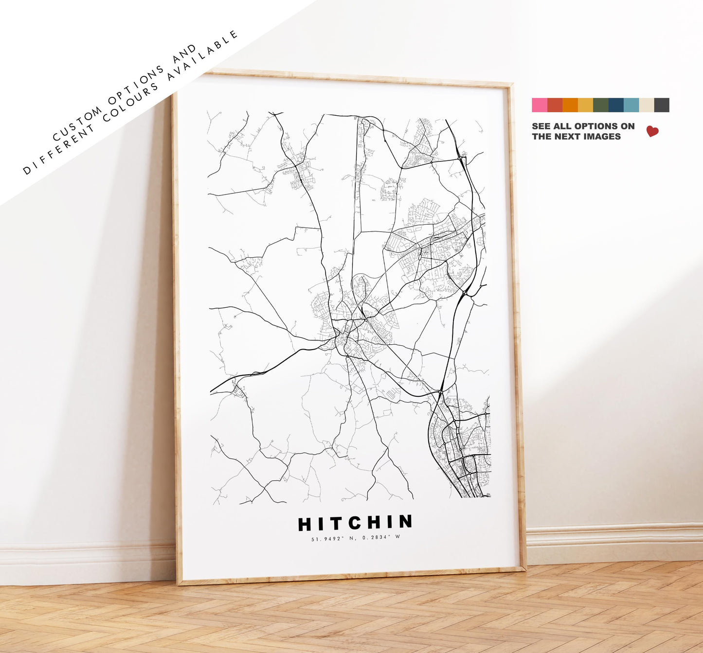 Hitchin Map Print - Minimalist City Map Poster - Map Art - UK - Hitchin Print - Hitchin, Hertfordshire - Different Colours Available