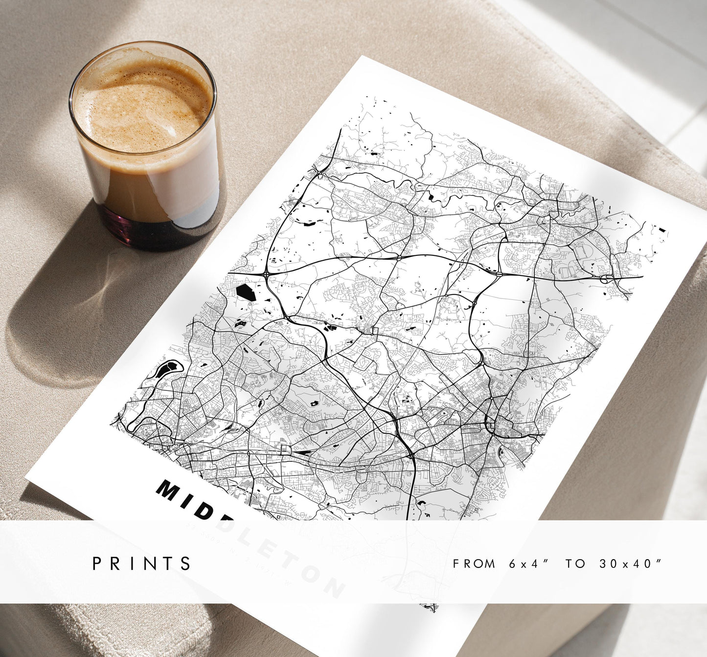 Middleton Map Print - Minimalist City Map Poster - Map Art - UK - Middleton Print - Greater Manchester - Different Colours Available