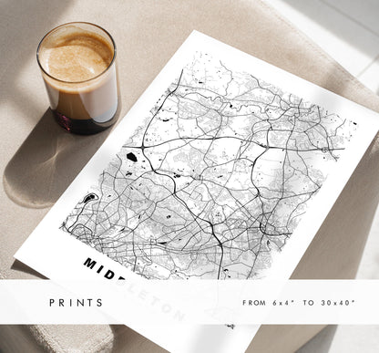 Middleton Map Print - Minimalist City Map Poster - Map Art - UK - Middleton Print - Greater Manchester - Different Colours Available