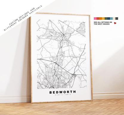 Bedworth Map Print - Minimalist City Map Poster - Map Art - UK - Bedworth Print - Bedworth, Warwickshire - Different Colours Available