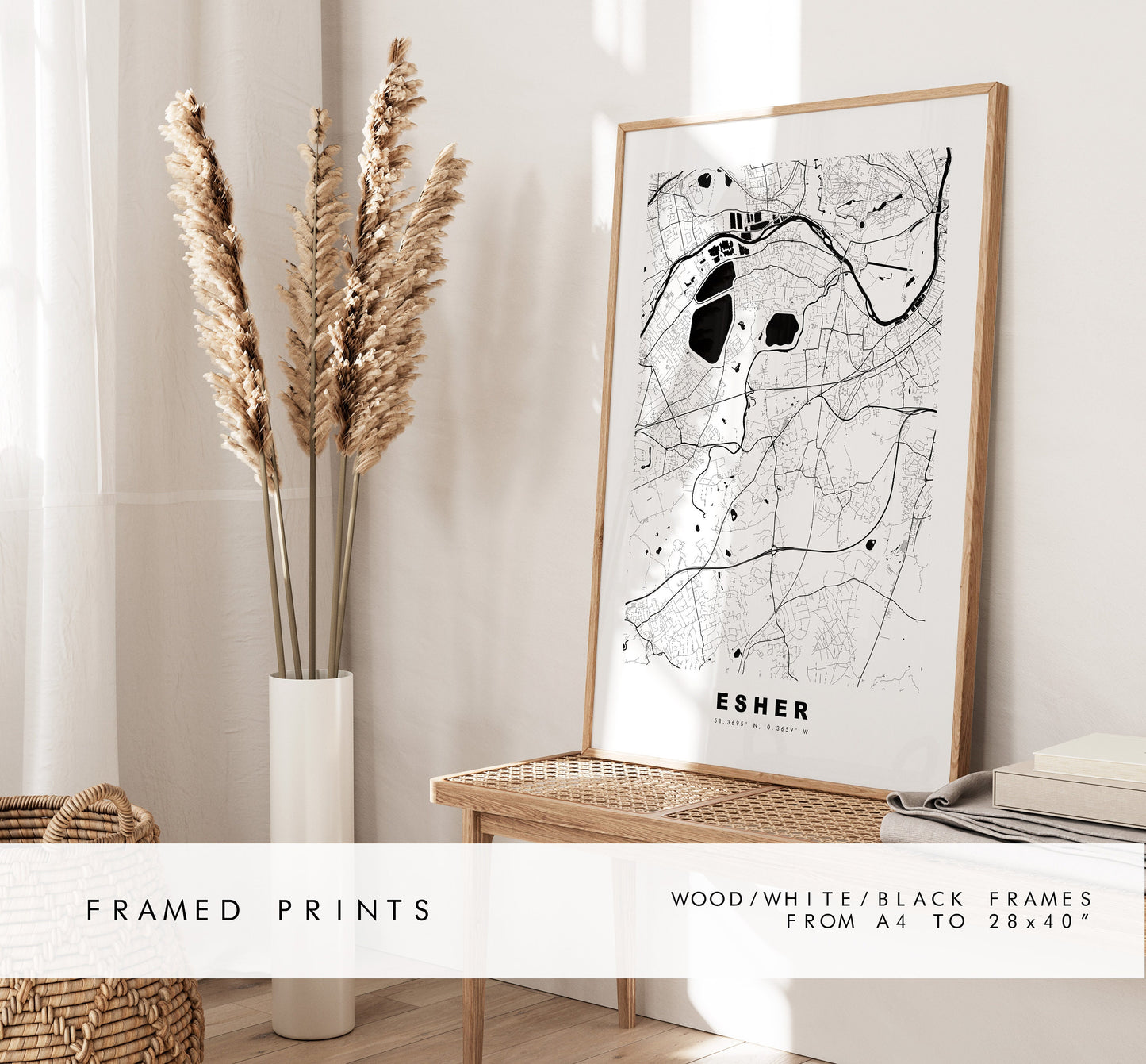 Esher Map Print - Minimalist City Map Poster - Map Art - UK - Esher Print - Esher Poster - Different Colours Available