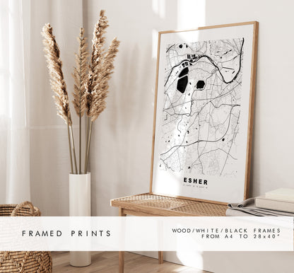 Esher Map Print - Minimalist City Map Poster - Map Art - UK - Esher Print - Esher Poster - Different Colours Available