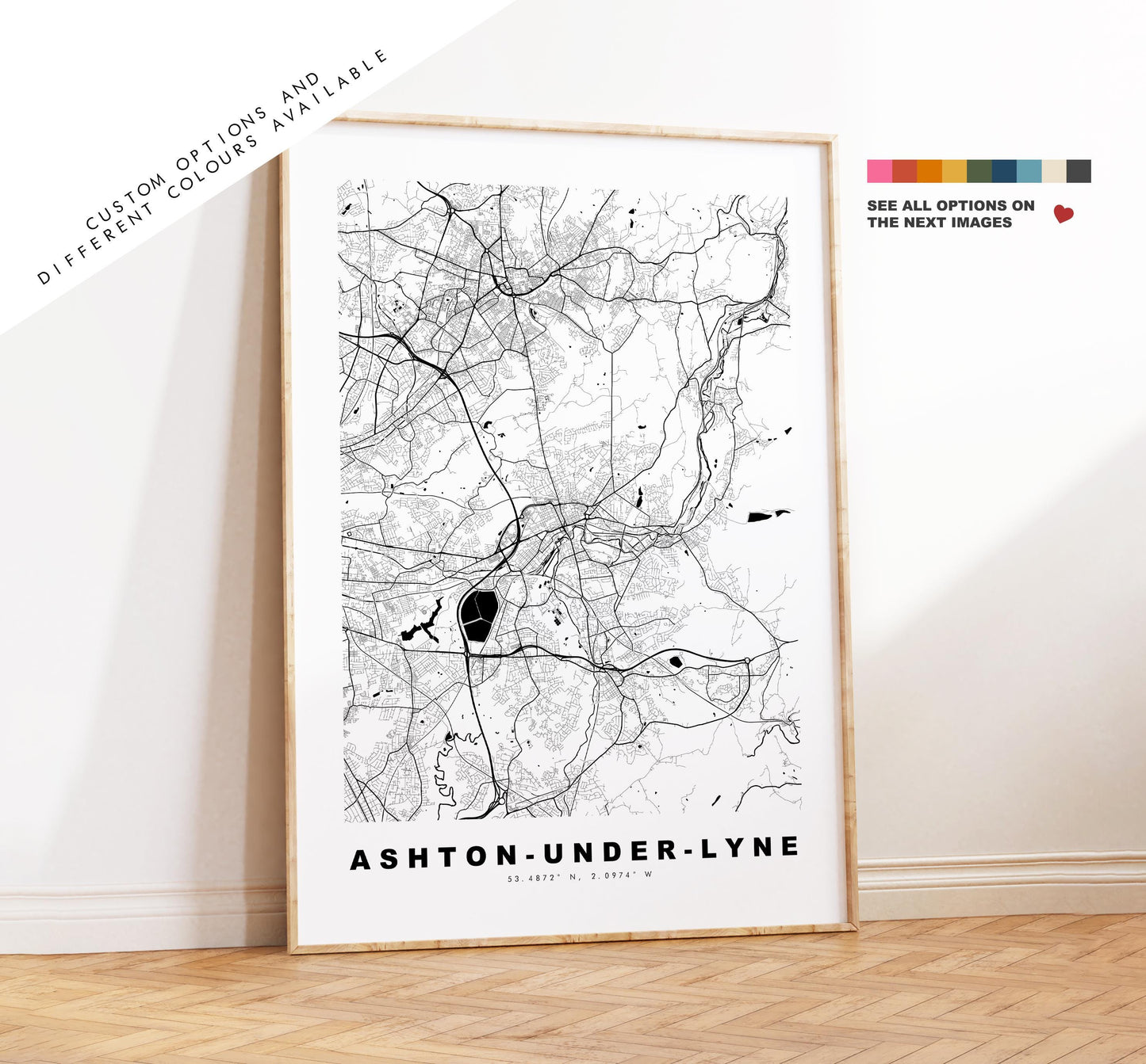 Ashton under Lyne Map Print - Minimalist City Map Poster - Map Art - UK - Ashton Print - Ashton, Manchester - Different Colours Available