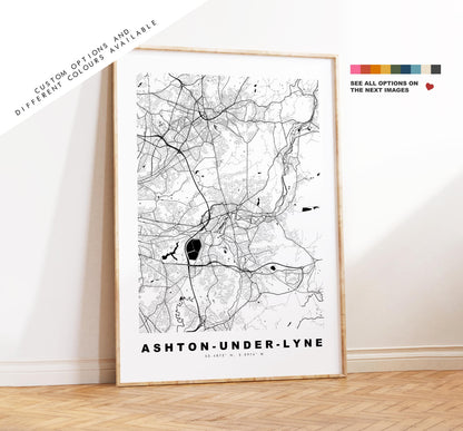 Ashton under Lyne Map Print - Minimalist City Map Poster - Map Art - UK - Ashton Print - Ashton, Manchester - Different Colours Available