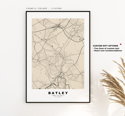 Batley Map Print - Minimalist City Map Poster - Map Art - UK - Batley Print - Batley Poster - Different Colours Available