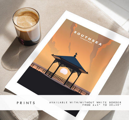 Southsea Bandstand Travel Poster (Sunset - Orange) - Wall Art Print - Southsea and Portsmouth Travel Posters - Prints or Framed Prints
