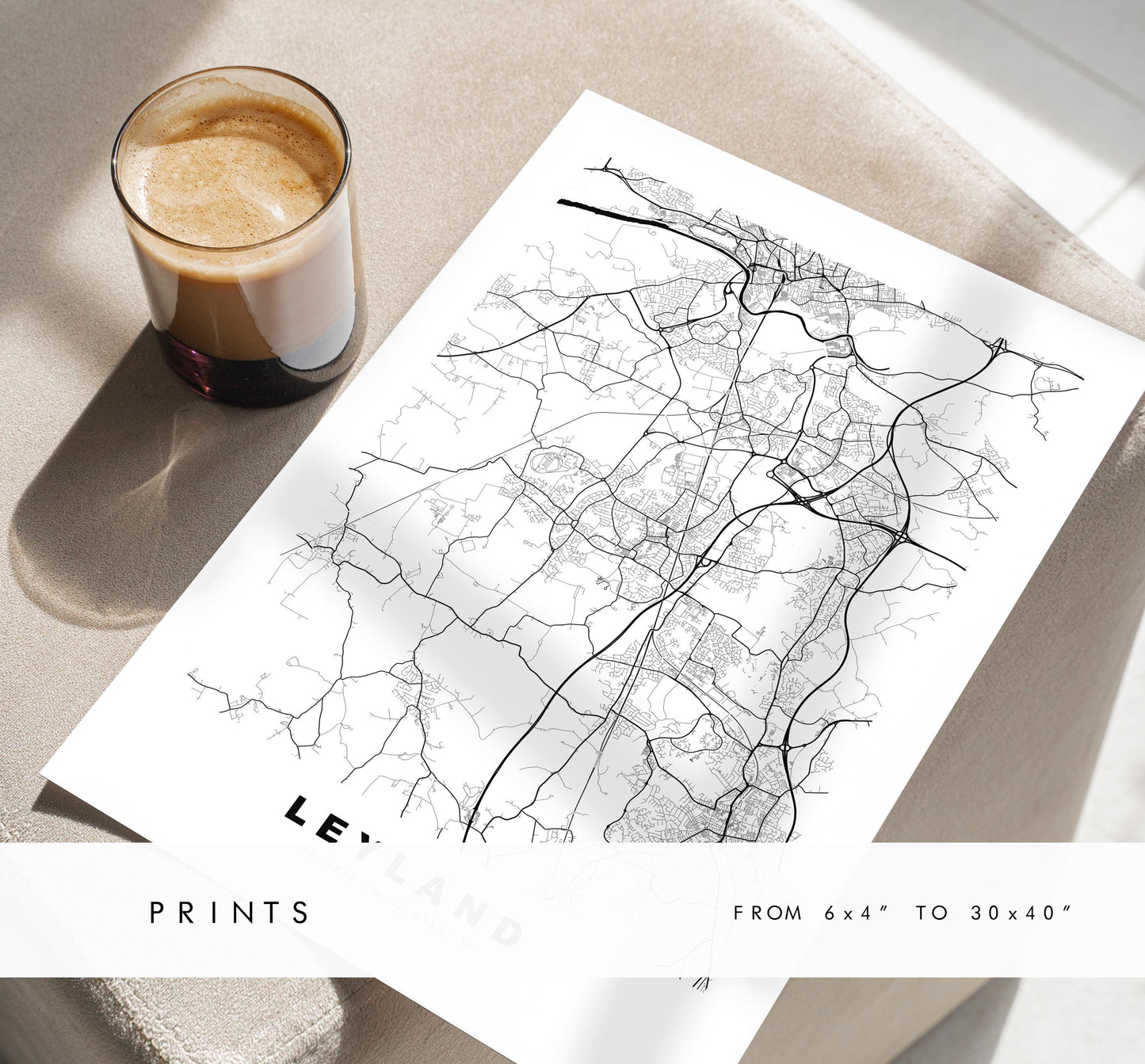 Leyland Map Print - Minimalist City Map Poster - Map Art - UK - Leyland Print - Leyland, Lancashire - Different Colours Available